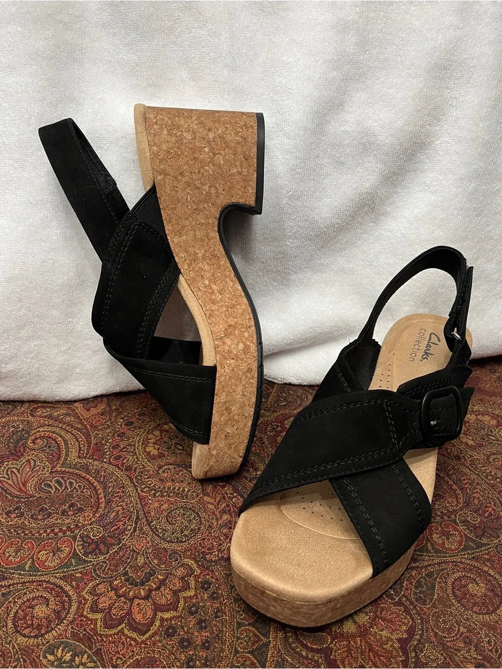 Clarks Nerisa Pace Wedge Heel Sandals - Black Nubuck - NWT - 8.5 Medium